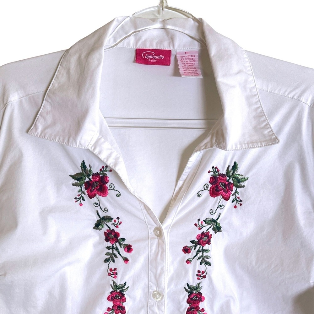 Embroidered Floral Shirt Petite Women PL White Long Sleeve Cottagecore Country